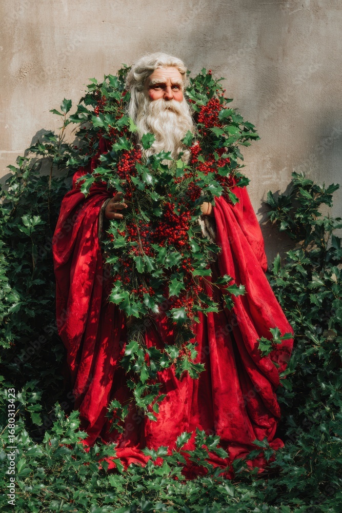 Obraz premium Authentic Santa Claus Figure with Holly Berry and Pine Branches, Premium Christmas and Winter Solstice Decoration for Joyful Holiday Marketing Campaigns