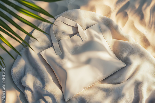 A tote bag resting on a sandy surface, surrounded by soft light and tropical leaves.