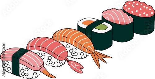A visually appealing row of various sushi pieces is presented, including nigiri with different fish toppings (salmon, tuna, shrimp) and maki rolls.