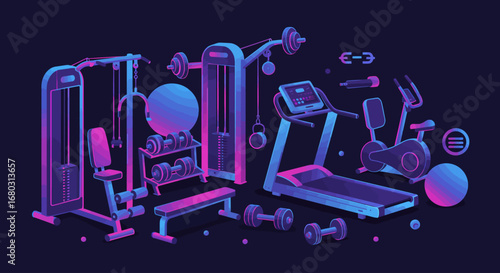 Abstract gradient vector illustration of gym equipment like dumbbells, treadmills