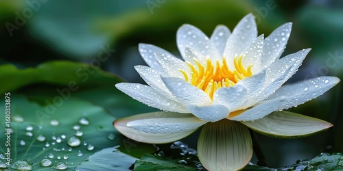 Delicate white lotus radiating peace with water droplets in macro beauty Stock photo