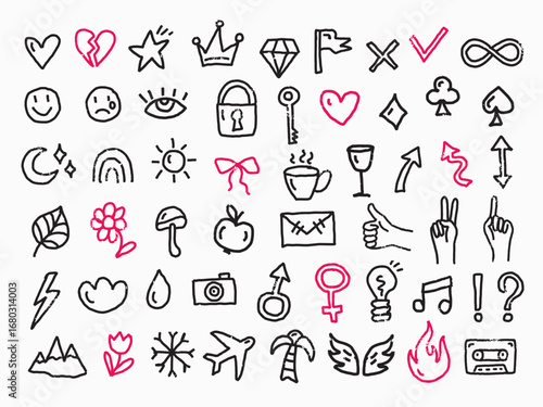 Hand drawn vector doodle set with trendy symbols and icons. Includes heart, crown, star, flower, eye, lips, lightning, smiley, rainbow, moon, sun, gender signs and more