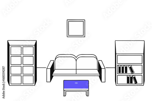 Clean vector illustration of a living room furniture arrangement with sofa bookshelves and coffee table