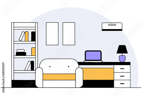 Modern home office setup with desk chair bookshelf and laptop illustration vector art