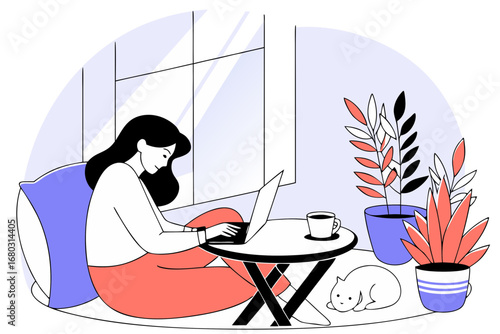 Modern woman working remotely on laptop in cozy home office with plants and cat