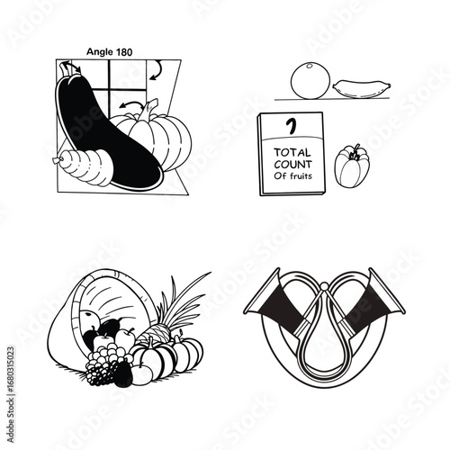 Linear pair of angles formed by adjacent supplementary fruits in cornucopia horn, one hundred eighty degrees educational geometry vector illustration with rustic harvest theme for stock graphics.