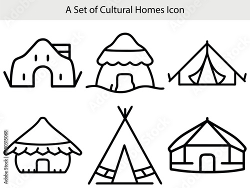 Diverse dwelling types simple line art icons house home