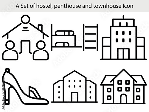 Hostel penthouse townhouse high heel shoe building icons vector