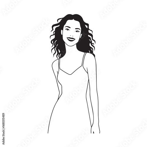 Beautiful Woman Black and White Vector Image Illustration Fashion Girl Portrait Line Art Drawing
