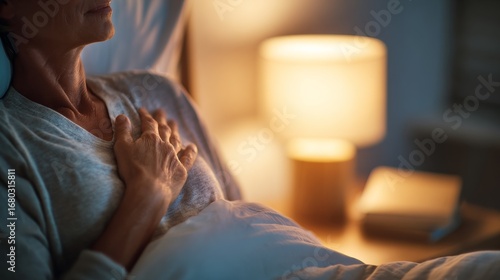 Calm nighttime reflection bedroom emotional moment intimate setting close-up view self-compassion