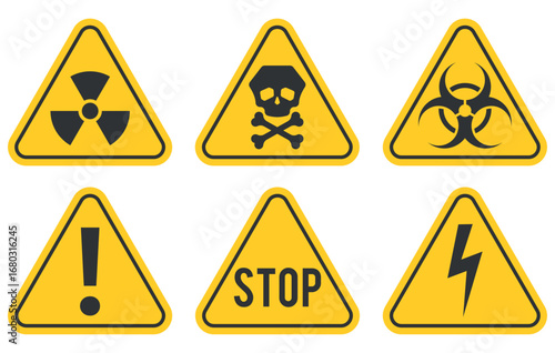 Set of yellow warning signs. Triangle hazard symbols with skull, radiation, biohazard, electricity, exclamation mark and stop text. Safety caution, medical and biological hazard warning signs