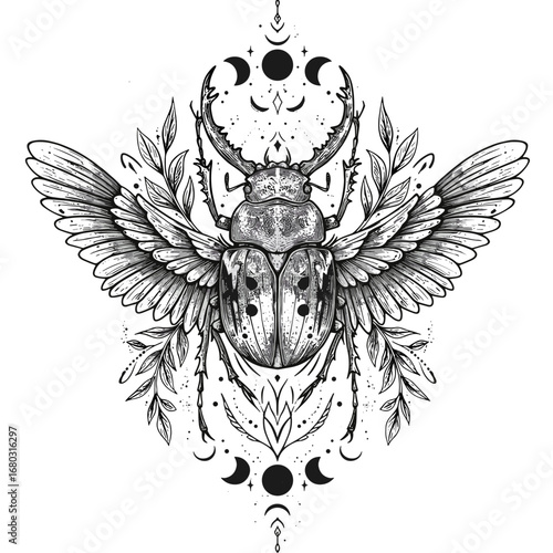 Mystical Beetle adorned with Celestial Lunar Phases and Intricate Foliage Design
