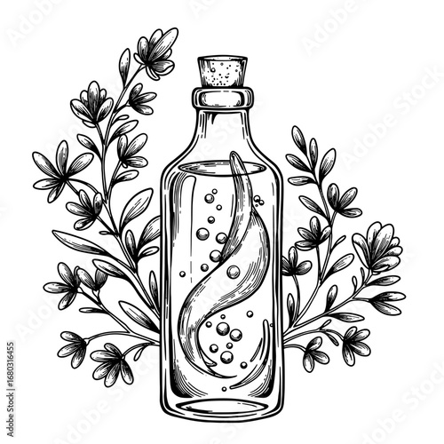 Mysterious Elixir Captured Within an Ornate Glass Bottle Surrounded by Delicate Botanical Elements