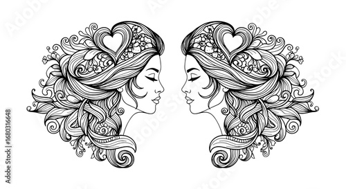 Intricate Ornate Black Silhouette Profiles Facing Each Other Against a Dark Background