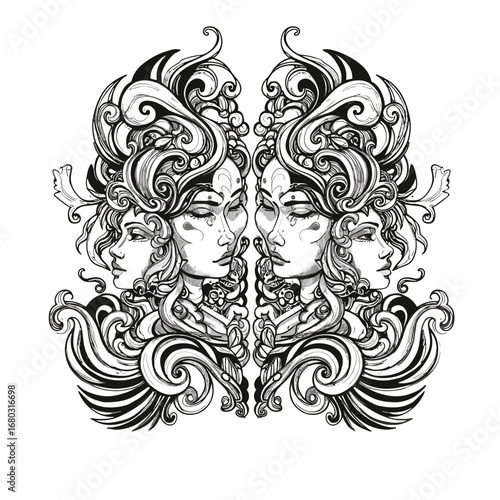 Intricate Ornate Black and White Heraldic Design with Mythological Creature Elements