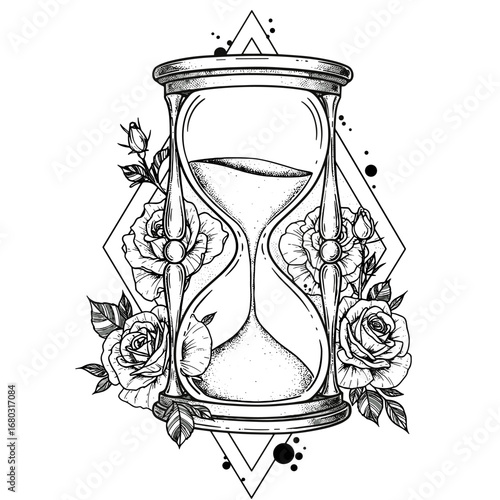 Intricate vintage hourglass design with blooming roses and geometric patterns symbolizing the passage of time