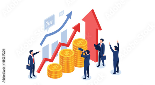 Business professionals analyzing financial growth charts and stacks of coins reaching success