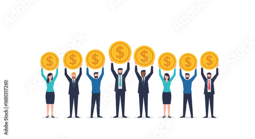 Successful diverse team celebrates financial gains by holding up giant golden coins with dollar signs