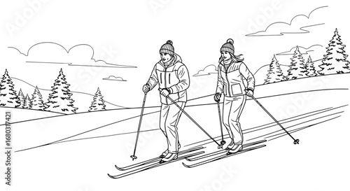 Two Skiers Enjoying a Snowy Day on a Mountain Trail Amidst Winter Trees