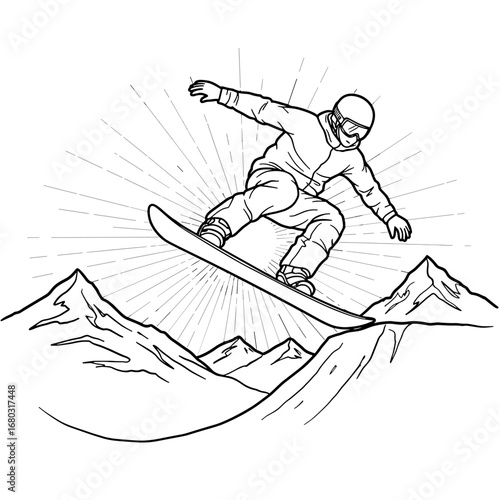 Extreme Snowboarder Soaring Over Snowy Mountains with Bursting Sun Rays Design