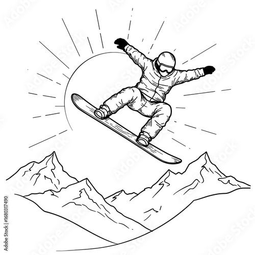 Snowboarding Extreme Athlete Jumping High Over Mountains Under a Stylized Sunburst