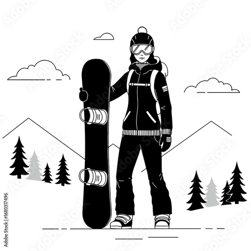 Silhouette of Skier in Snowy Mountain Landscape with Pine Trees and Clouds
