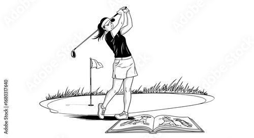 Woman golfer completes powerful swing on a sunny day at the course