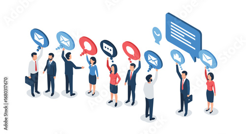 Diverse business team shares ideas and messages using communication icons in a modern isometric style.