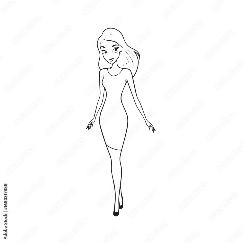Beautiful Woman Black and White Vector Image Illustration Fashion Girl Portrait Line Art Drawing
