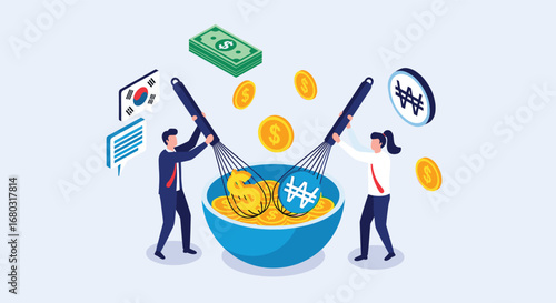 Business professionals mix currency symbols in bowl representing financial strategy and global markets
