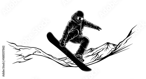 Dynamic Snowboarder Captures Mid-Air Jump Over Mountain Peaks