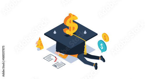 Student overwhelmed by debt, graduation cap crushes dreams with money symbols and bills