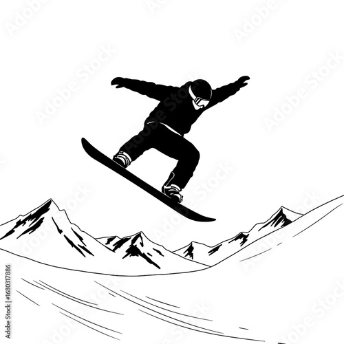 Extreme Snowboarder Soars High Above Snowy Mountain Peaks Performing an Aerial Trick