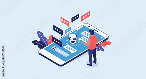 Man interacts with chatbot on smartphone screen, communicating through messages and AI assistance