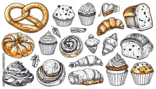 Hand-drawn illustration of various baked goods.  Different types of bread, pastries, and muffins