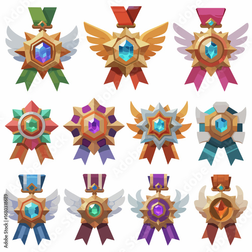 Hexagonal flower-shaped medal ICONS of different levels. The higher the level, the more complex the gemstones. Game art style, vector illustration