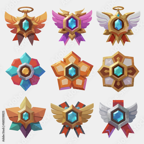 Hexagonal flower-shaped medal ICONS of different levels. The higher the level, the more complex the gemstones. Game art style, vector illustration