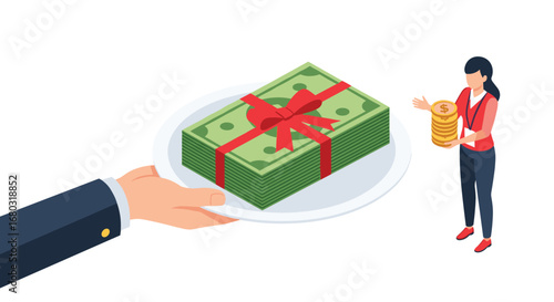 Generous business offer: Stack of money presented as gift, woman receives coins