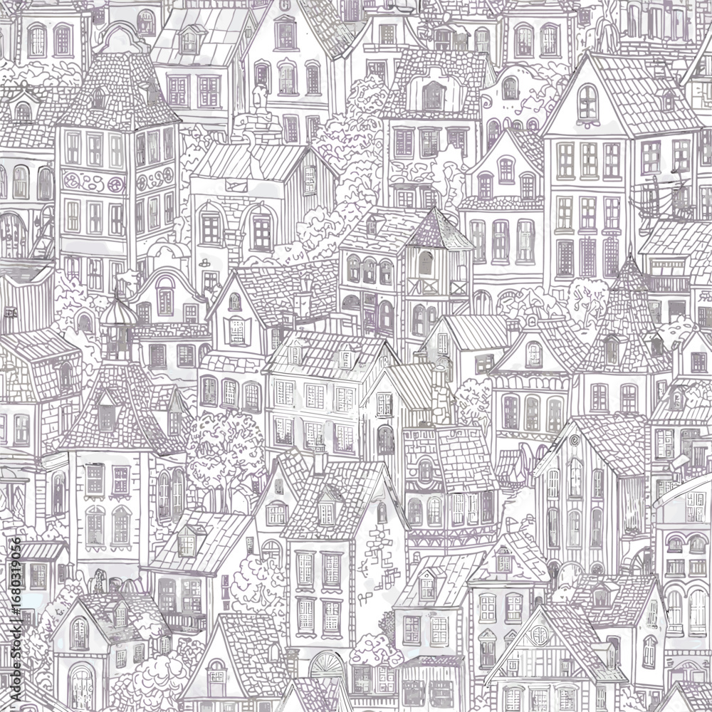 Fototapeta premium Detailed Illustration of a Dense European Historic Cityscape with Charming Architecture