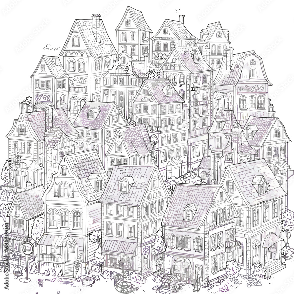 Obraz premium Intricate Line Art Illustration of a Dense European Village Architecture