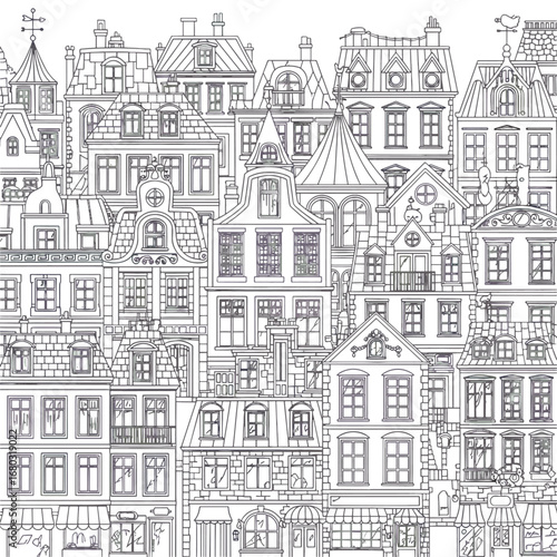 Intricate Black and White Cityscape Buildings with Diverse Architecture and Rooftops