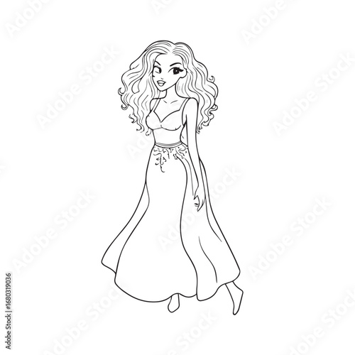 Beautiful Woman Black and White Vector Image Illustration Fashion Girl Portrait Line Art Drawing