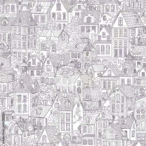 Detailed Illustration of a Dense European Historic Cityscape with Charming Architecture