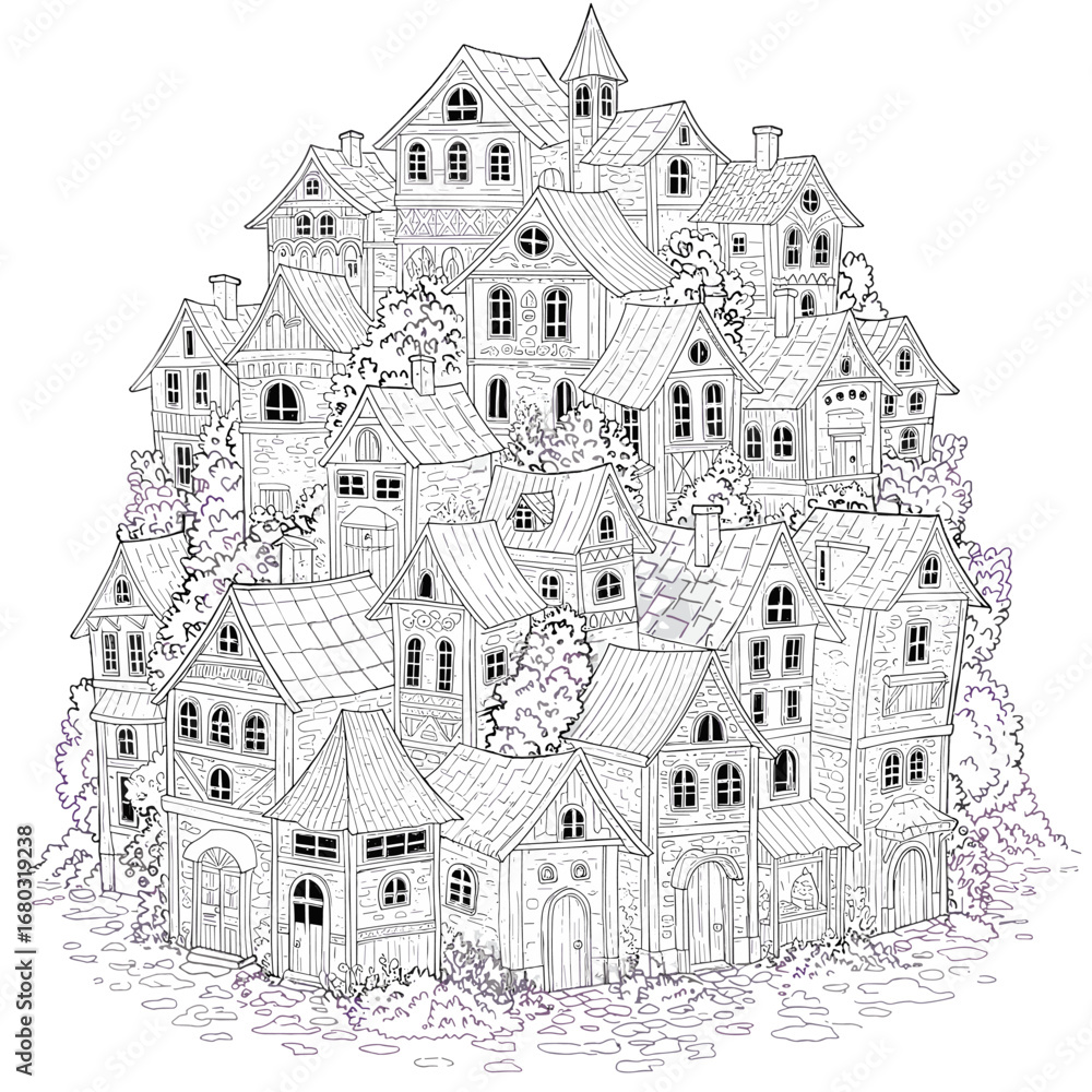Obraz premium Enchanting Cityscape Illustration Capturing Timeless European Architecture in a Whimsical Arrangement