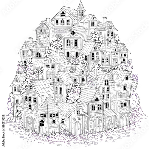 Enchanting Cityscape Illustration Capturing Timeless European Architecture in a Whimsical Arrangement