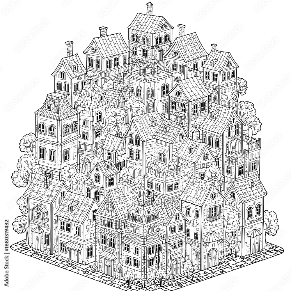 Fototapeta premium An Intricate Illustration of a Cramped Dense European Village Showing Many Houses Stacked Together