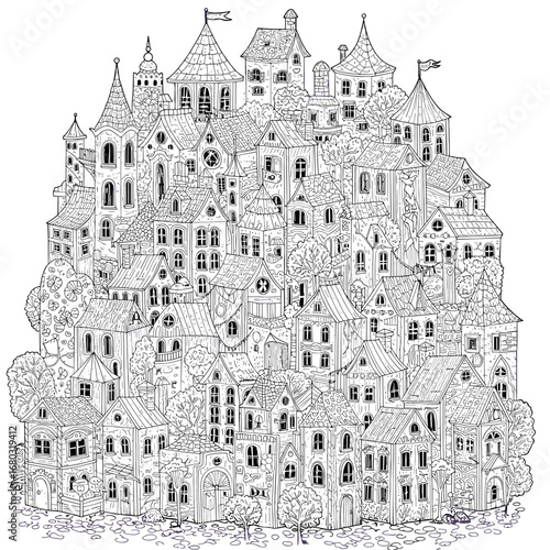Intricate Detailed Black and White Sketch of a Dense European Cityscape with Numerous Buildings and Trees