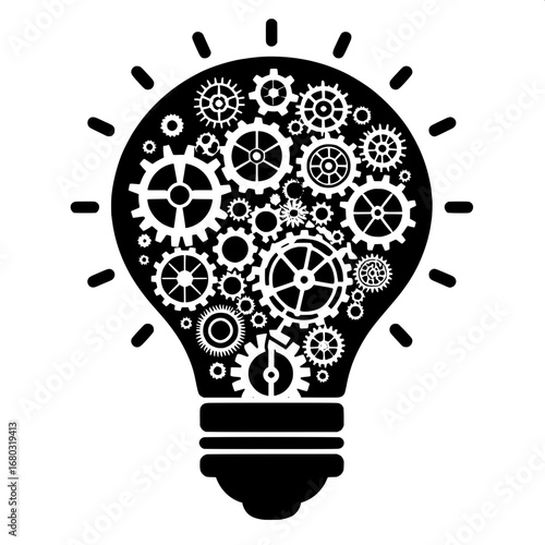 Black and White Vector Silhouette of Light Bulb with Gears Inside