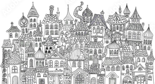 Intricate Fantasy Cityscape Illustration with Dense Architecture and Towering Structures