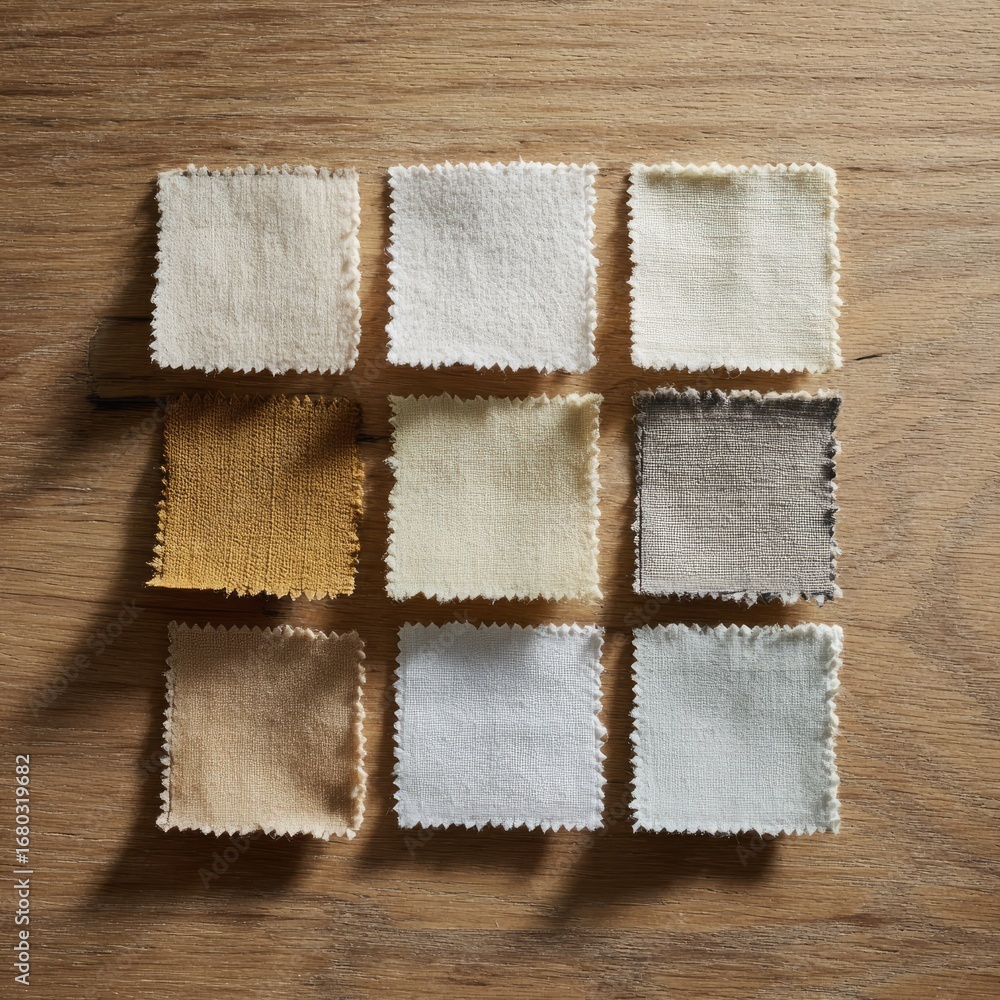 Fototapeta premium Light-stained stitched cotton swatches arranged on pale wooden surface